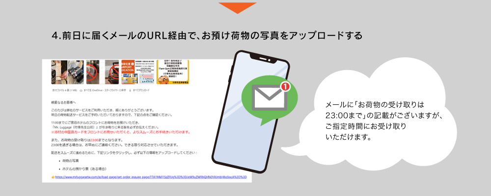 前日に届くメールのURL経由で、お預け荷物の写真をアップロードする